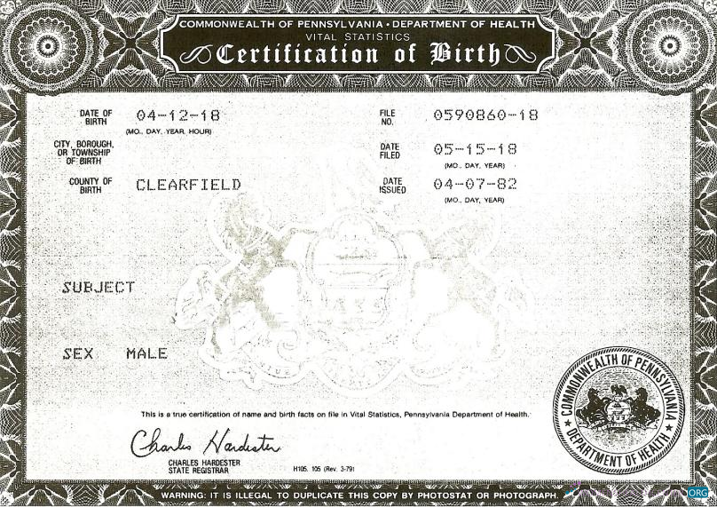 Download United States Commonwealth of Pennsylvania Department of health birth certificate Photoshop template